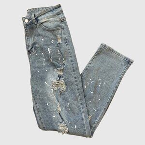 Women's Distressed High-Waisted Cotton Jeans w/Paint - Light Wash - Small